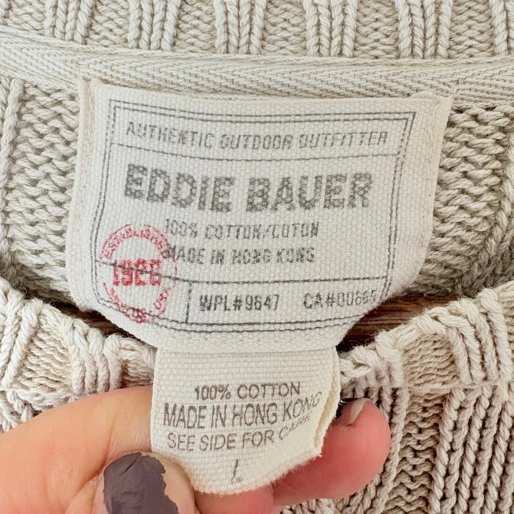VTG Eddie Bauer Cotton Sweater Fisherman Beige‎ Cable Knit Men's L Classic TSITP - Picture 7 of 10